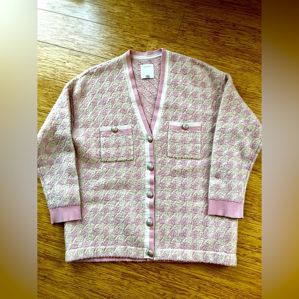 Pink and cream houndstooth Sandro “Kimberly” cardigan